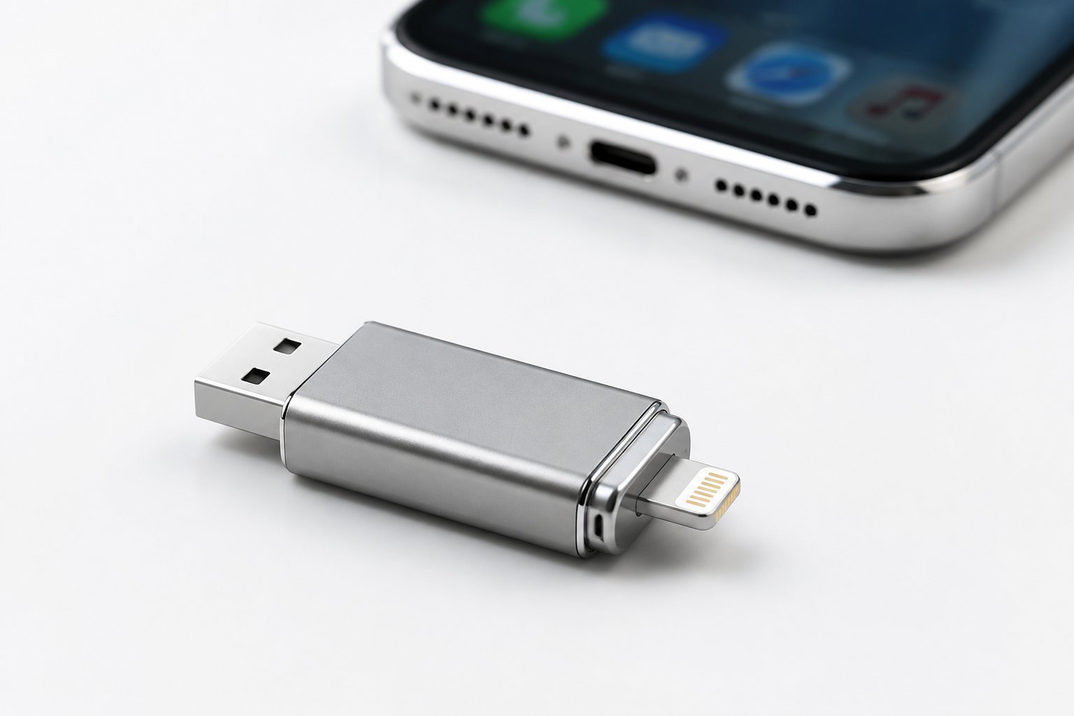 A USB memory stick designed for iPhone lying on a white surface with an iPhone in the background.