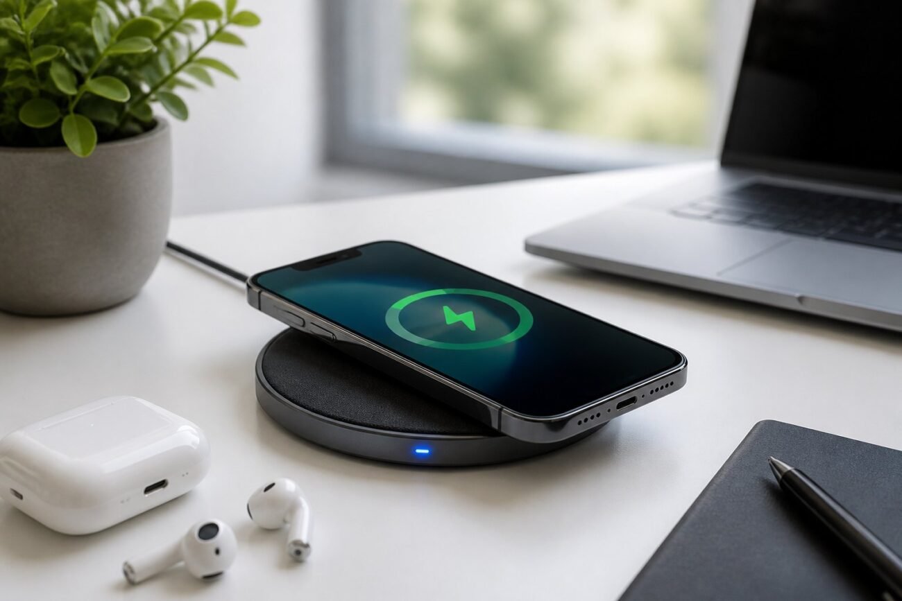 A wireless charging pad with a smartphone charging on it, surrounded by tech accessories on a desk.