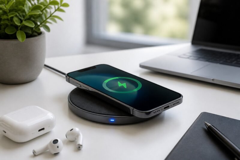A wireless charging pad with a smartphone charging on it, surrounded by tech accessories on a desk.