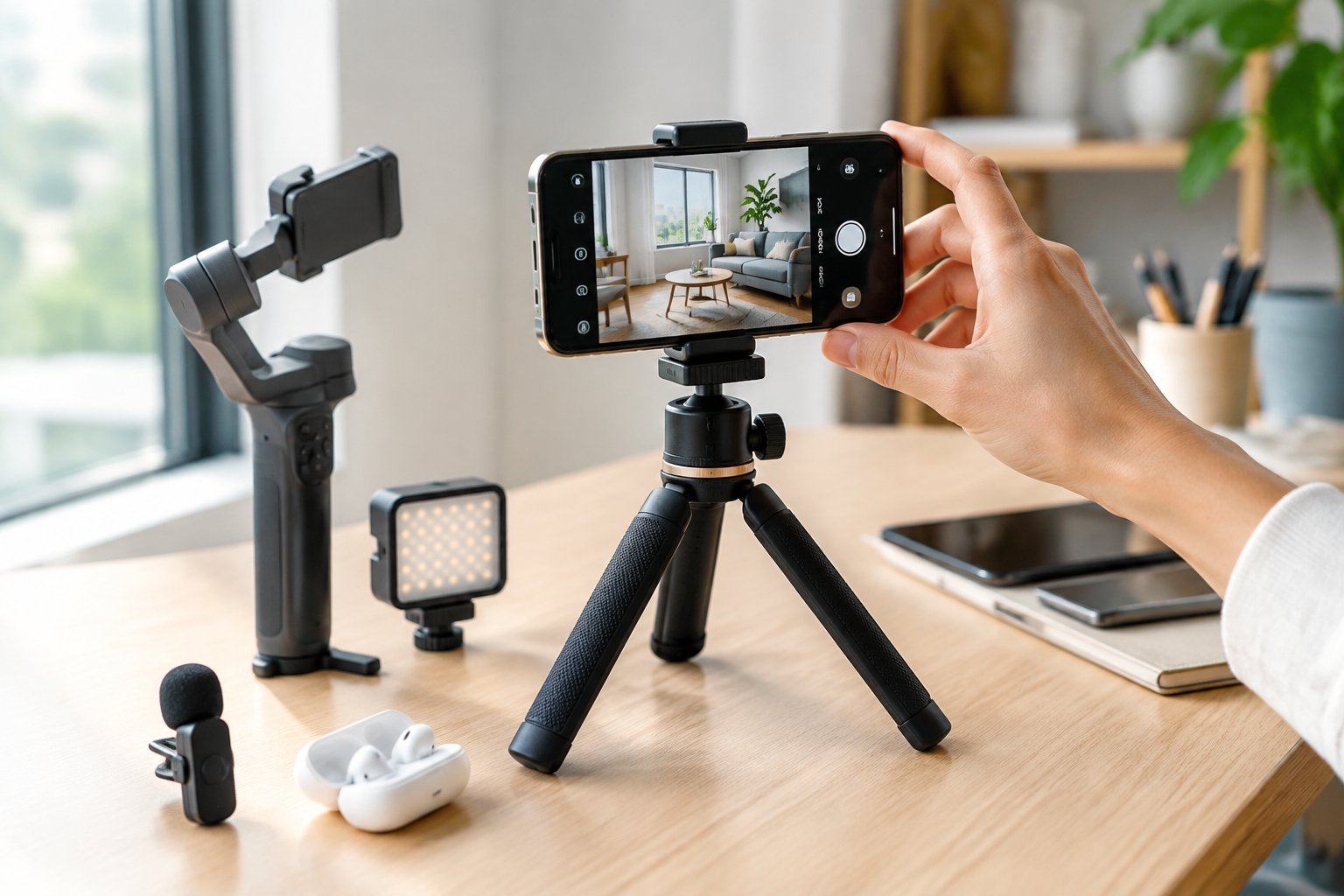 A smartphone surrounded by microphones, lighting, a tripod, a gimbal, and earbuds on a creator's desk.