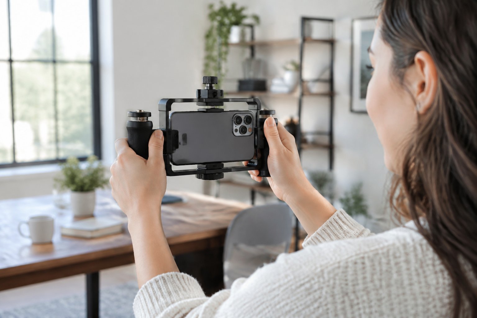A creator films with a smartphone mounted in a handheld camera rig.